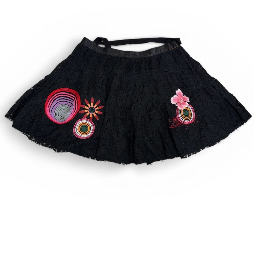 Desigual Black Circle-Embroidered Skater Skirt with Pink Accents